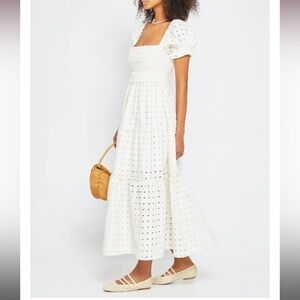 Cream smocked maxi dress with puff sleeve like new